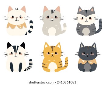 The image shows a collection of six cute cartoon cats in various poses as a vector illustration.