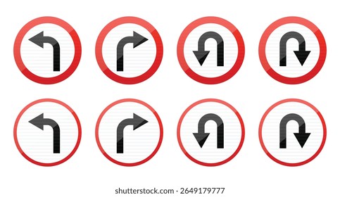 The image shows a collection of traffic signs with white backgrounds and red borders. The signs display various turn instructions including left and right turns as well as U-turns.