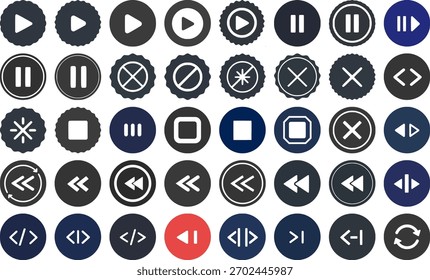 La Imagen muestra una colección de varios íconos de control de medios, incluidos los Botones de reproducción, pausa, parada, rebobinado, avance rápido y salto, cada uno mostrado en diseños circulares con diferentes colores y estilos.