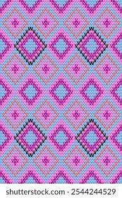 The image shows a colorful, geometric textile pattern with a series of diamond shapes. The design features vibrant colors, including shades of pink, purple, blue, and accents of black and orange