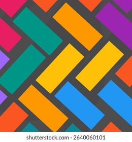 The image shows a colorful herringbone tile pattern. The tiles are rectangular and laid diagonally, creating a zigzag pattern. Each tile is a different, bright color, including shades of pink, teal, 