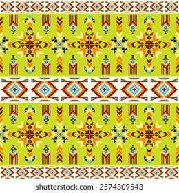 The image shows a colorful, symmetrical textile pattern with geometric shapes and tribal motifs in yellow, orange, blue, and white. The design includes arrows and diamond shapes. Vector Navajo ethnic