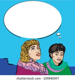 Image shows a comic style graphic of a girl and a boy and a speech bubble for your text