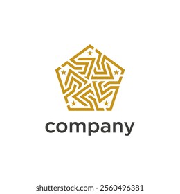 The image shows a company logo featuring a gold pentagon with an intricate geometric pattern and small stars inside