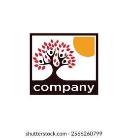 The image shows a company logo featuring a stylized tree with red leaves and human figures