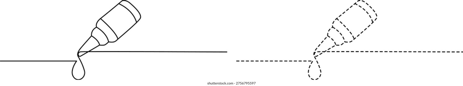 The image shows a comparison between a standard liquid drop formation from a bottle tip and an altered bottle tip creating an elongated, segmented droplet. The left side depicts a typical bottle dispensing liquid, forming a single droplet. The right side illustrates a modified bottle tip that produces a stretched liquid strand breaking into multiple droplets, indicated by dashed lines.