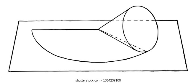 The image shows a cone that is rolled in a plane, vintage line drawing or engraving illustration.