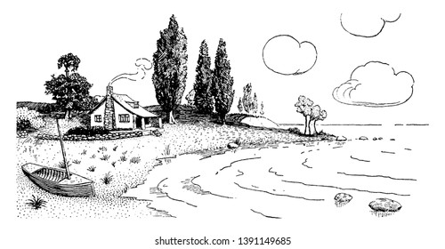 The image shows the Cottage, which has the lake. This beautiful home has a Chimney from which the smoke is coming out. There is a boat parked in the curtilage of the House, vintage line drawing