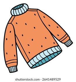 The image shows a cozy sweater featuring a light orange base with randomly placed dark spots. Blue trim appears at the cuffs, hem, and turtleneck collar on a transparent backdrop.