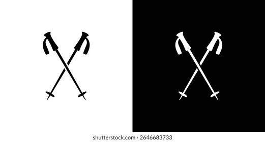 Image shows crossed ski poles on divided black and white background. The ski poles have distinctive handles and snow baskets. Simple graphic element for winter sports.
