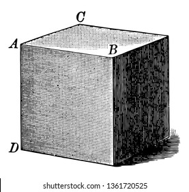 The image shows the cube filled with six square shaded sides that is a pure solid cube. It is also called regular hexahedron. Each shaded side of a cube has the same length, vintage line drawing