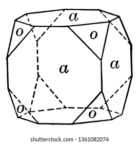 The image shows the cube or truncated by octahedron. In this figure, the vertex of one is replaced by a face of another form or a plane, vintage line drawing or engraving illustration.