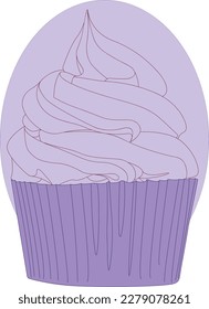The image shows a cupcake in a purple liner. The frosting on top and the ridges of the liner are depicted with delicate lines, creating a charming and sweet effect