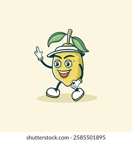 The image shows a cute cartoon lemon wearing a hat and waving; it is a cheerful and playful illustration.