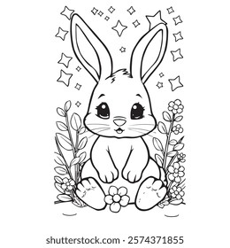 The image shows a cute cartoon-style bunny sitting upright, with large, expressive eyes and tall ears pointing upward. The bunny has a sweet and innocent expression, with small front paws resting near