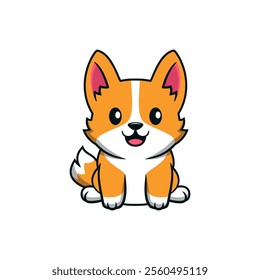 The image shows a cute, cartoon-style illustration of a sitting orange and white corgi dog with large ears and a happy expression.