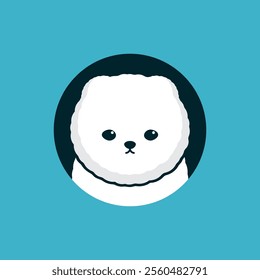 The image shows a cute, stylized illustration of a white fluffy dog with a round face and black eyes, set against a turquoise background.