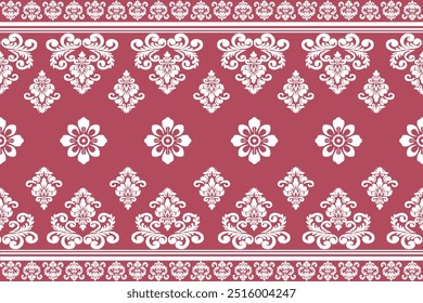 A imagem mostra um padrão decorativo repetido com um tema ornamentado e floral. A cor de fundo é um maroon rico, enquanto os motivos florais são renderizados em branco nítido, criando um contraste impressionante. 