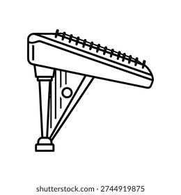 The image shows a detailed diagram of a single bar from a percussion instrument, likely a xylophone or marimba. The bar is struck by a mallet, which is positioned at an angle to the bar. The bar is supported by a frame with triangular braces and a pivot point, indicating how it is suspended and played. The striking surface is ridged, which is characteristic of many melodic percussion instruments to enhance sound quality and resonance.