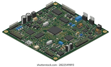 The image shows a detailed isometric view of a green printed circuit board populated with various electronic components. Prominent silver electrolytic capacitors sit near a black integrated circuit, while a blue resistor and gold pin headers line the edges, and a USB connector is visible on the side.