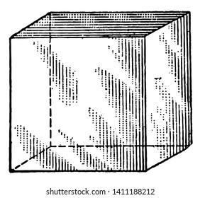 The image shows the diamond-shaped cube that has vertical lines on each side. Front view with flat lines and rear view with dotted lines, vintage line drawing or engraving illustration.