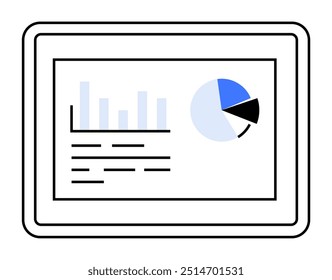 A imagem mostra uma mesa digitalizadora exibindo um gráfico de barras e um gráfico de pizza. Os gráficos representam dados estatísticos, usando as cores azul e preto. Este tema de imagem está relacionado a tecnologia, finanças, negócios