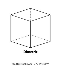 image shows a dimetric projection of a cube, a type of technical drawing used in geometry, engineering, and architecture. 