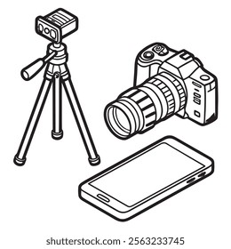 The image shows a DSLR camera with a large lens a tripod and a smartphone suggesting professional photography or videography equipment. set