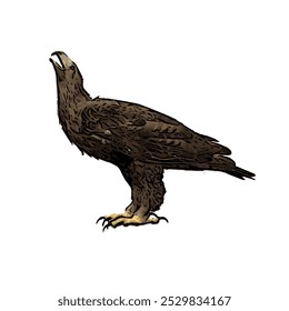 The image shows an eagle with its wings spread wide, symbolizing its power in flight. Its feathers are dark brown with detailed wing patterns, a curved beak, and sharp talons ready to catch prey.