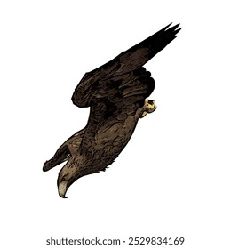 The image shows an eagle with its wings spread wide, symbolizing its power in flight. Its feathers are dark brown with detailed wing patterns, a curved beak, and sharp talons ready to catch prey.