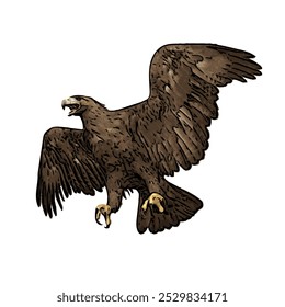 The image shows an eagle with its wings spread wide, symbolizing its power in flight. Its feathers are dark brown with detailed wing patterns, a curved beak, and sharp talons ready to catch prey.