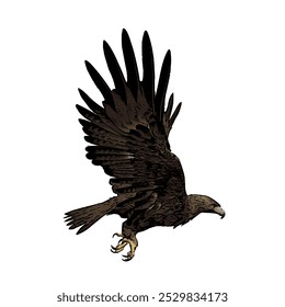 The image shows an eagle with its wings spread wide, symbolizing its power in flight. Its feathers are dark brown with detailed wing patterns, a curved beak, and sharp talons ready to catch prey.