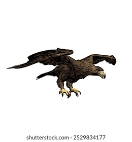 The image shows an eagle with its wings spread wide, symbolizing its power in flight. Its feathers are dark brown with detailed wing patterns, a curved beak, and sharp talons ready to catch prey.