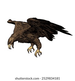 The image shows an eagle with its wings spread wide, symbolizing its power in flight. Its feathers are dark brown with detailed wing patterns, a curved beak, and sharp talons ready to catch prey.