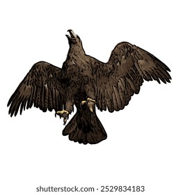 The image shows an eagle with its wings spread wide, symbolizing its power in flight. Its feathers are dark brown with detailed wing patterns, a curved beak, and sharp talons ready to catch prey.