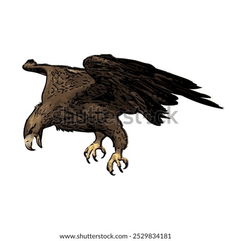 The image shows an eagle with its wings spread wide, symbolizing its power in flight. Its feathers are dark brown with detailed wing patterns, a curved beak, and sharp talons ready to catch prey.
