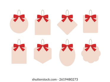 The image shows eight beige gift tags in different shapes, each decorated with a red bow and loop. Ideal for elegant gift wrapping during holidays or special events, adding a festive touch.