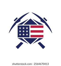 The image shows an emblem logo design for American Mining Association that depicts a diamond shape with two pickaxes and a red and blue American flag  