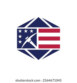 The image shows an emblem logo design for American Mining Association that depicts a diamond shape with a pickaxe inside American flag  