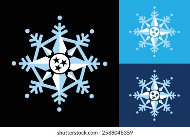 The image shows an emblem logo design of an ice crystal snow flake in blue and white color inside an octagonal shape with three stars in the center. The logo looks clean and sharp on a black backgroun