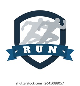The image shows an emblem logo design that depicts a shield with two running men in blue color that looks clean on a white background that can be used for sport purposes