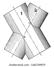 The image shows the Exterior View of the Auxiliary Planes of Two intersected Cylinders. There are two cylinders in a cylinder that cross each other and the center is shown with dotted lines, vintage