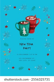 Image Shows Festive New Year invitation with mugs, fireworks, music, and decorative holiday elements.