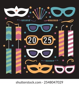 
The image shows a festive New Year's design featuring colorful party accessories, including glasses, masks, fireworks, and striped decorations, with "2025" prominently displayed.