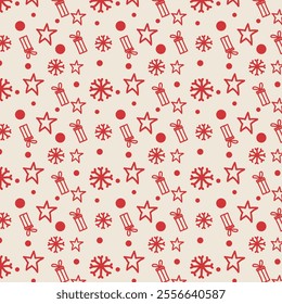 The image shows a festive pattern with red Christmas-themed icons on a beige background. The icons include stars, snowflakes, candy canes, and dots, creating a cheerful holiday design.