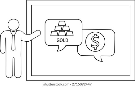 Image shows a figure pointing to a screen depicting gold and a dollar sign within speech bubbles