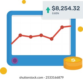 La Imagen muestra un gráfico financiero con una línea tendencial ascendente, lo que indica el crecimiento del mercado. Se muestra un Precio de $ 8,254.32 con un aumento del 0.83%, que simboliza el aumento del valor de las acciones o criptomonedas.