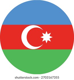 Das Bild zeigt die Flagge Aserbaidschans in einer kreisförmigen Form. Die Flagge hat drei horizontale Streifen von blau, rot und grün.