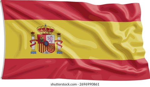 A imagem mostra a bandeira da Espanha acenando ao vento.