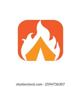The image shows a flat abstract logo design of a tent on fire inside a square shape in crimson color. The image produced without the use of any form of AI software.

